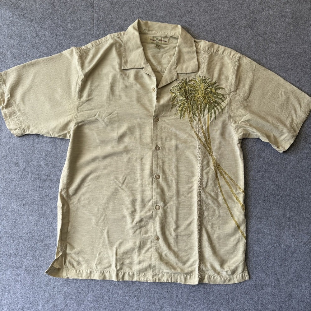 Tommy Bahama Silk Palm Tree Camp Shirt Men's Large Tan Short Sleeve Button-Up